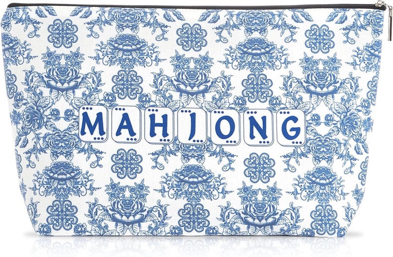 Bornerwhite Empty Mahjong Tiles Bag with Zippered 13x7.8 Inch Thickened Blue Print American Bag for 1.2 Inches Standard Size American Mahjong Tiles Accessories and Gifts(Case Only) - Image 1